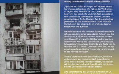 31.10.2022 – Lesung zu Russlands Angriffskrieg gegen die Ukraine mit Oksana Stomina (ukrainische Buchautorin)
